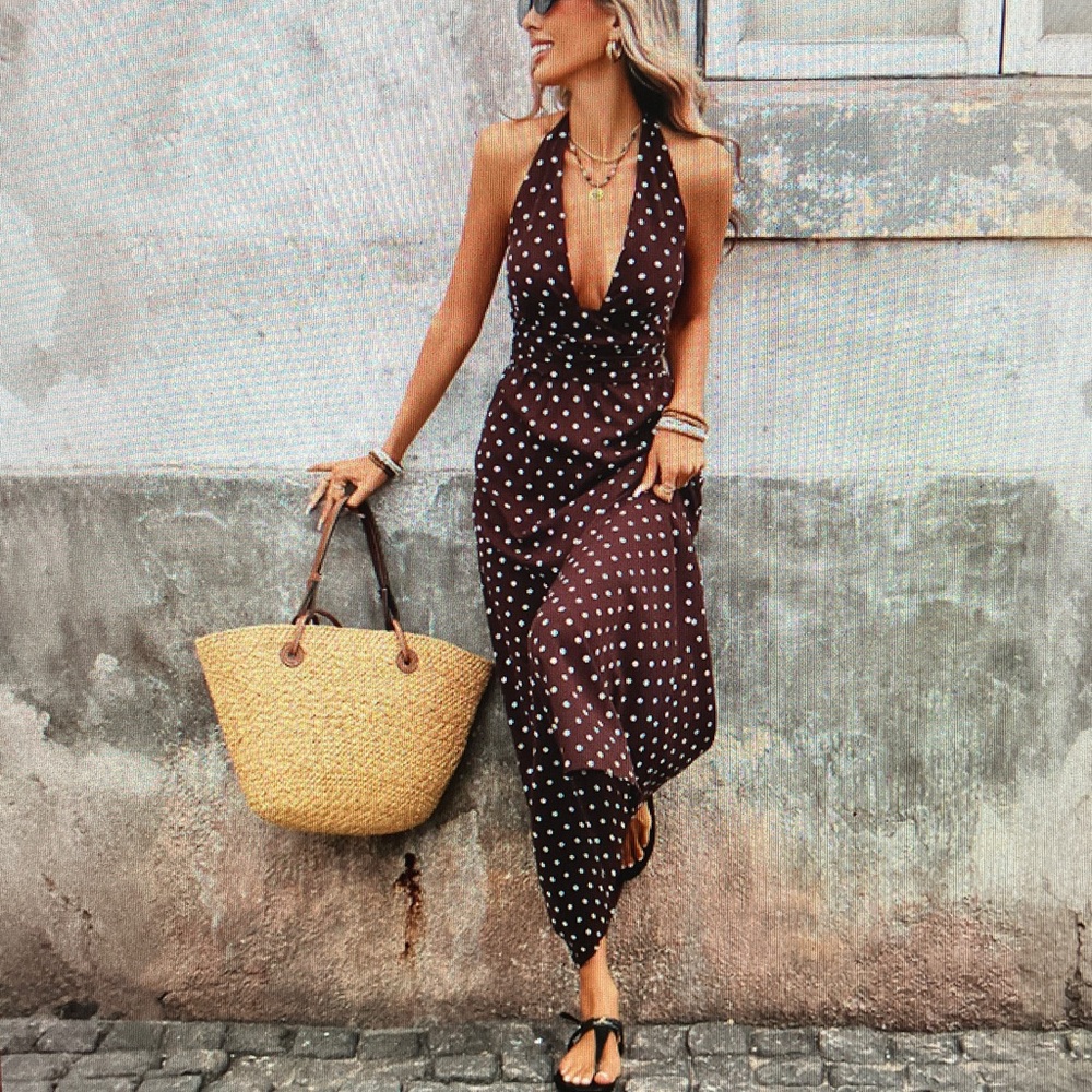 Polka Dot Halter Maxi Dress in Brown